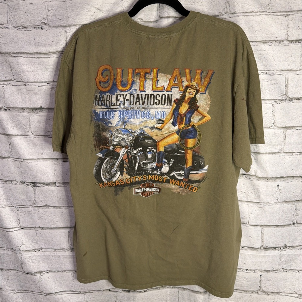 Harley-Davidson Mens XL Pinup Girl Garage T-Shirt Blue Springs MO Green 2010